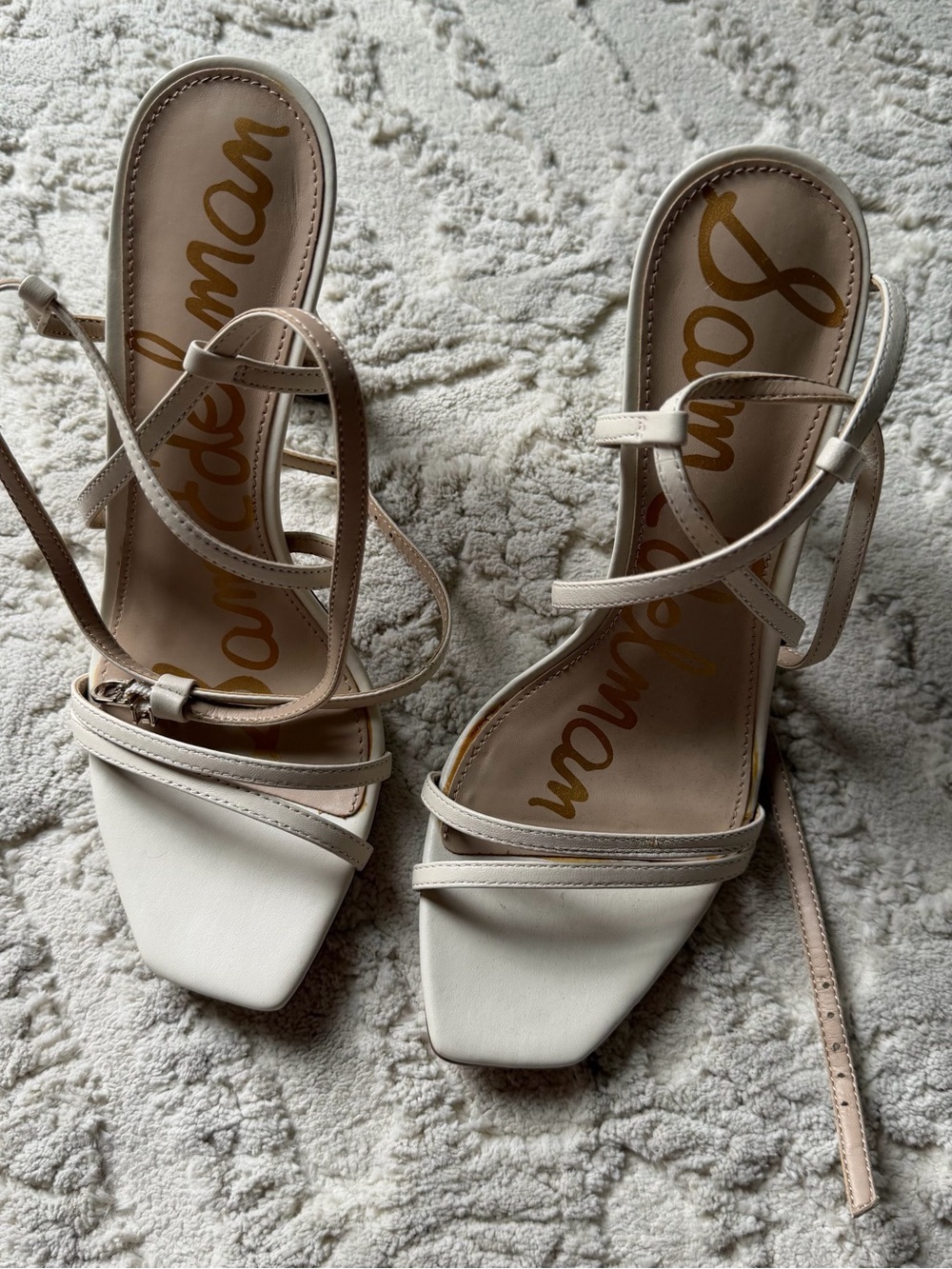 Sam Edelman Strappy Square-Toe Heels in Cream